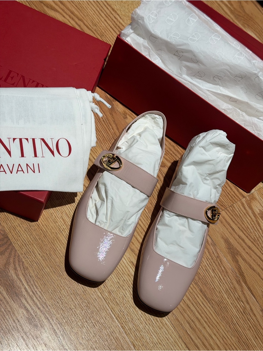 Valentino Garavani VLogo Blush Pink Mary Jane Flats with Gold Logo Buckle